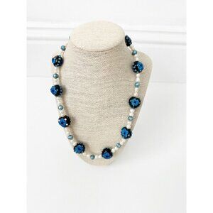 NWT Genuine Murano Glass & Pearls Beads Necklace Black Blue White Flowers